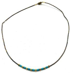 Liquid Silver Tone Beaded Necklace Golden and Blue Beads Ethnic Native Tribal